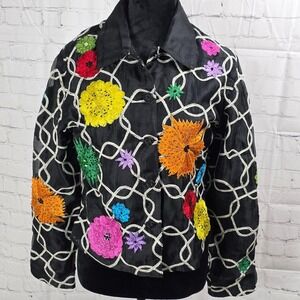 VTG Floral Embroidered Jacket Black‎ Button Up Beaded Embellished Statement Top